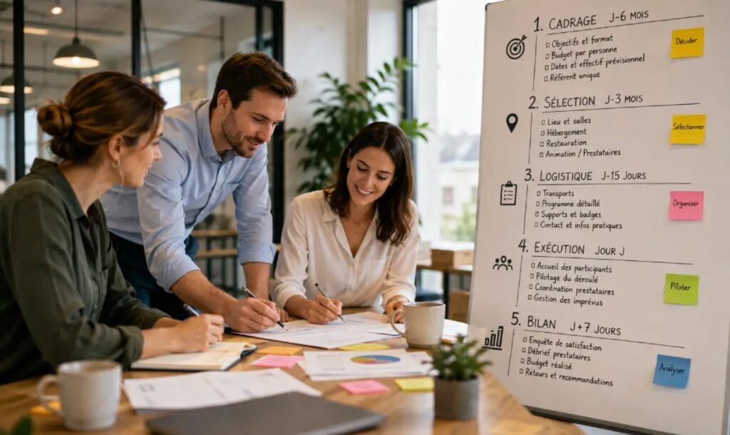 Équipe déroulant la checklist d’un séminaire d’entreprise devant un paperboard