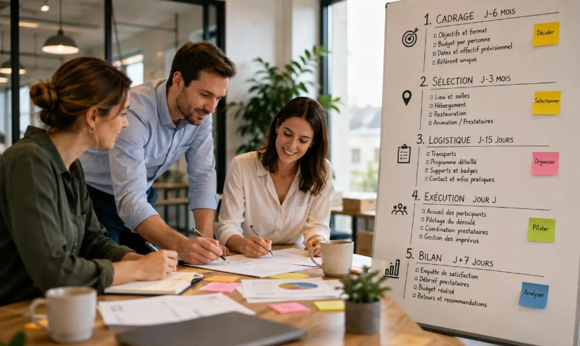 Équipe déroulant la checklist d’un séminaire d’entreprise devant un paperboard