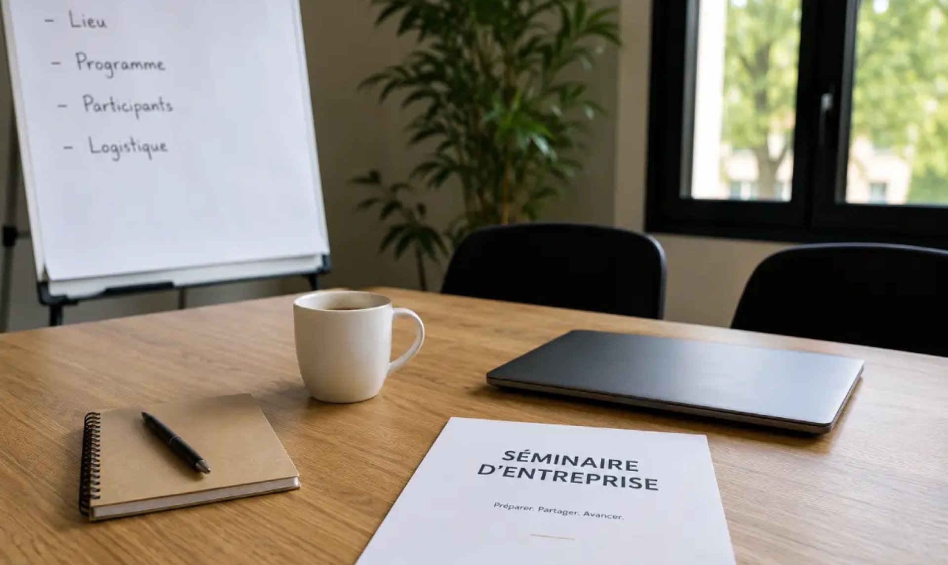 Table de réunion préparée pour un séminaire d’entreprise avec paperboard et dossier