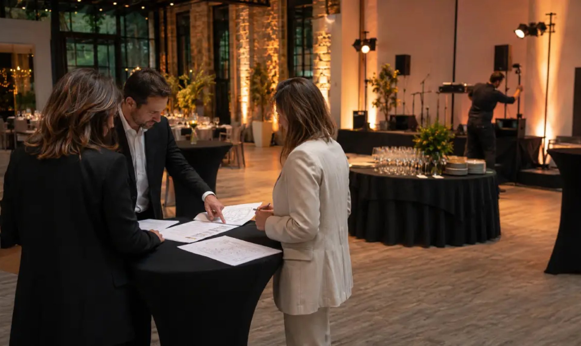 Organisateurs préparant une soirée d’entreprise dans une salle de réception