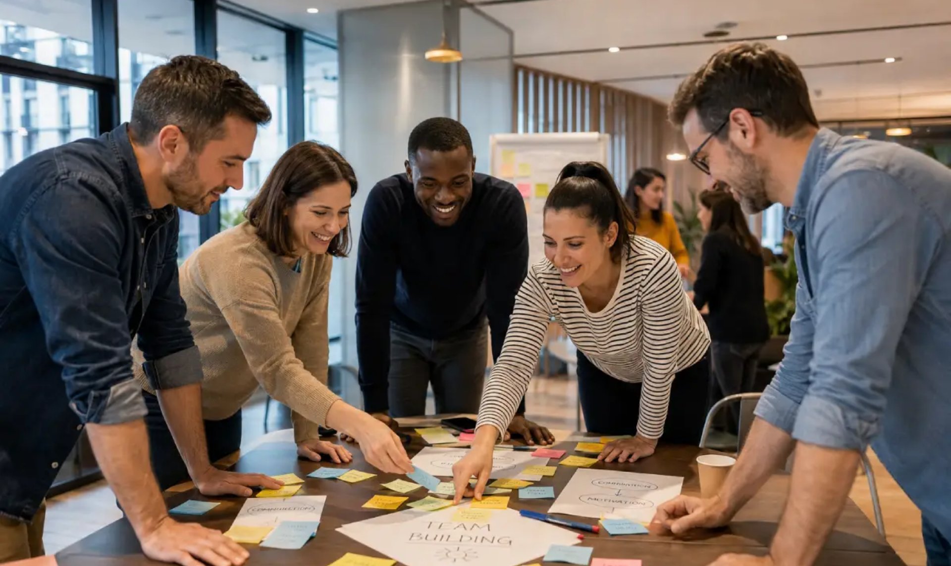 Équipe réunie autour d’une table lors d’un atelier de team building en entreprise