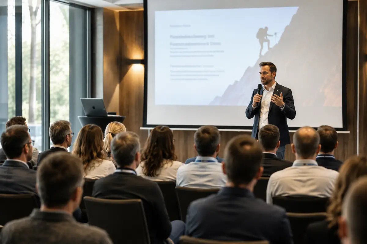 Conférencier au micro devant les participants assis lors d’un séminaire d’entreprise