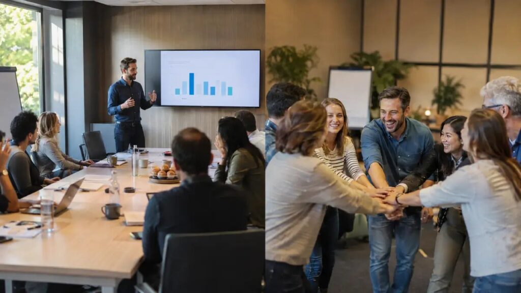 Réunion de travail en salle de séminaire et équipe réunie lors d’un team building