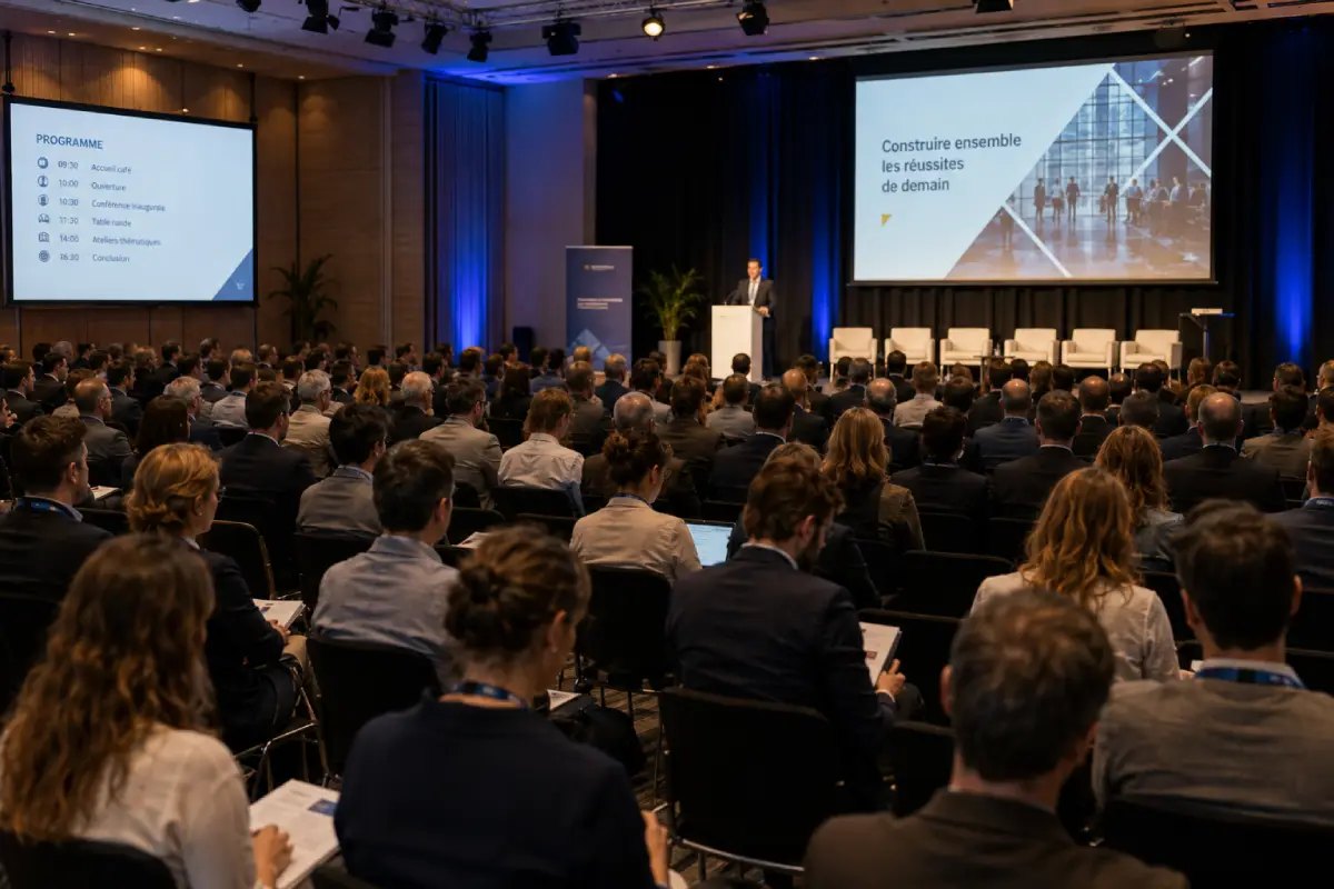 Congrès d’entreprise en plénière avec écran de programme et salle de participants