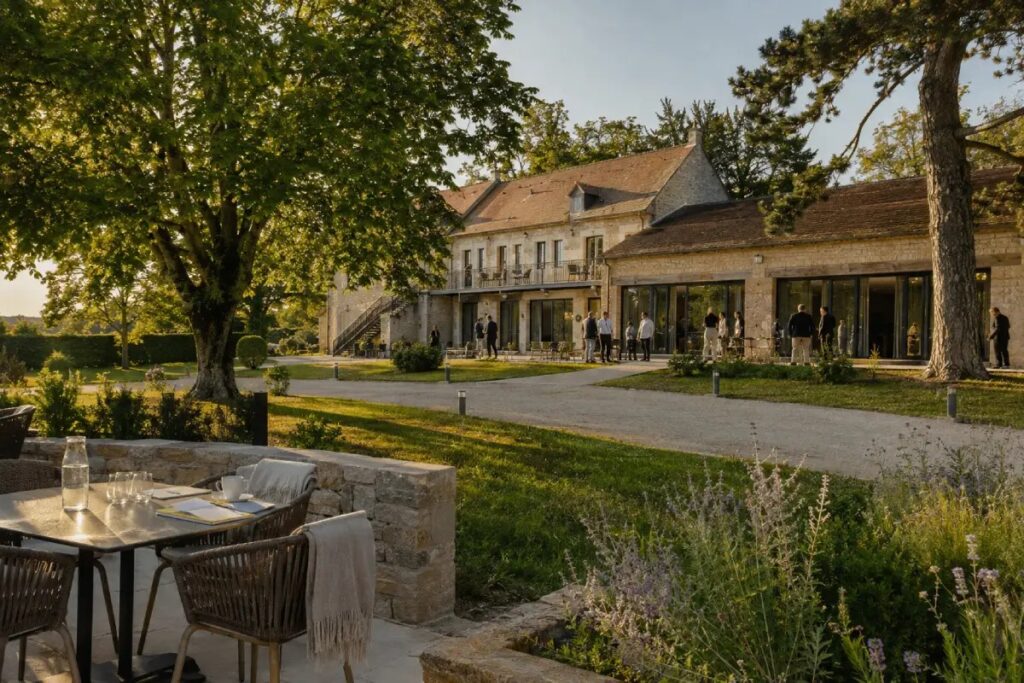 Domaine en pierre avec terrasse et jardin accueillant un séminaire résidentiel en fin de journée